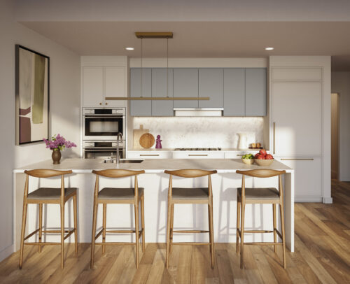 Modern kitchen interior at 18W55 featuring white oak floors and custom cabinetry