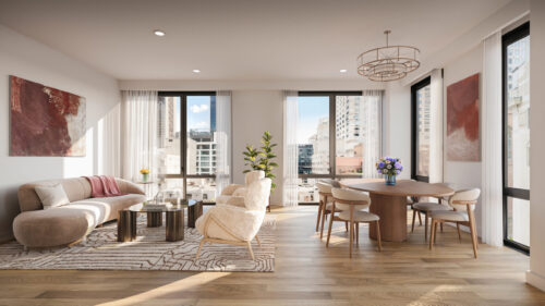 Luxury living room at 18W55 with floor-to-ceiling windows and contemporary design