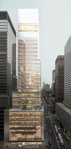 Exterior view of 665 Fifth Avenue showing the pleated glass curtain wall designed by David Chipperfield Architects.